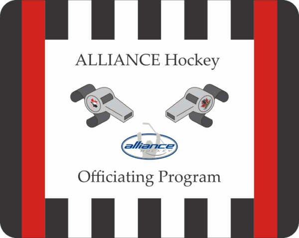 Alliance Hockey Officiating Program cover with two whistles and logo skate mat