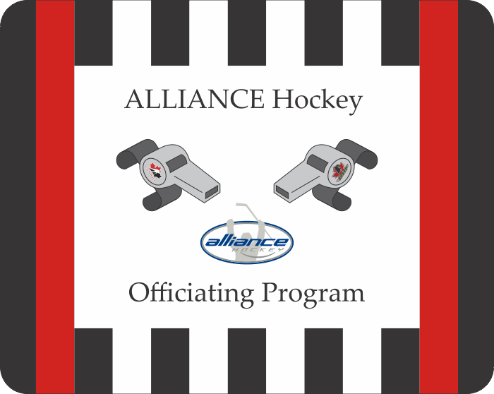 Alliance Hockey Officiating Program cover with two whistles and logo skate mat