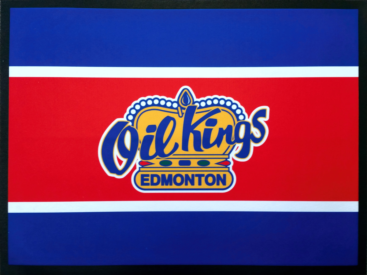 Edmonton Oil Kings logo on a red, blue and white background floor mat