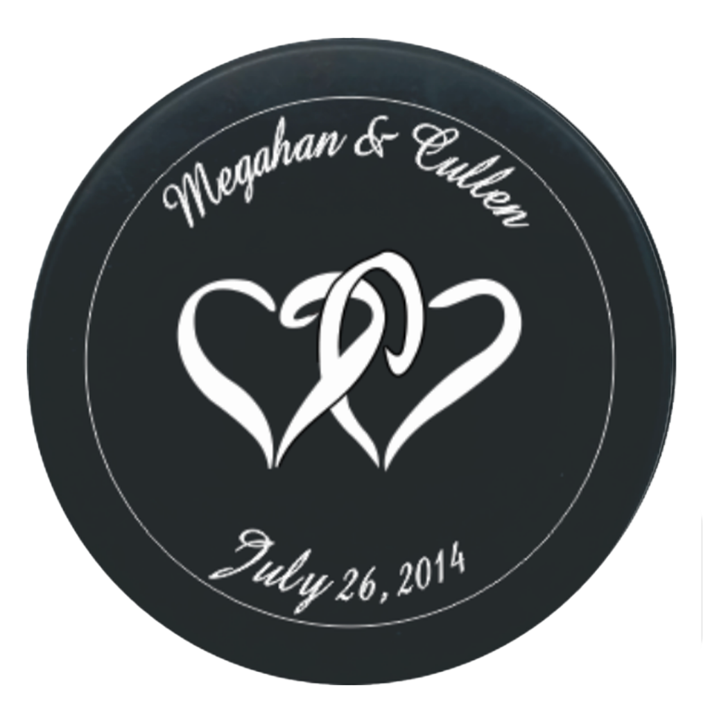 Megahan & Cullen, July 26, 2014, with interlocking hearts logo on custom event puck