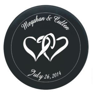 Megahan & Cullen, July 26, 2014, with interlocking hearts logo on custom event puck