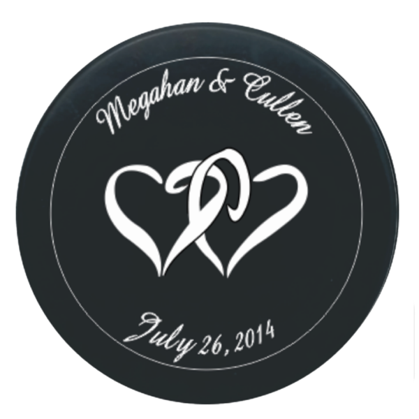 Megahan & Cullen, July 26, 2014, with interlocking hearts logo on custom event puck