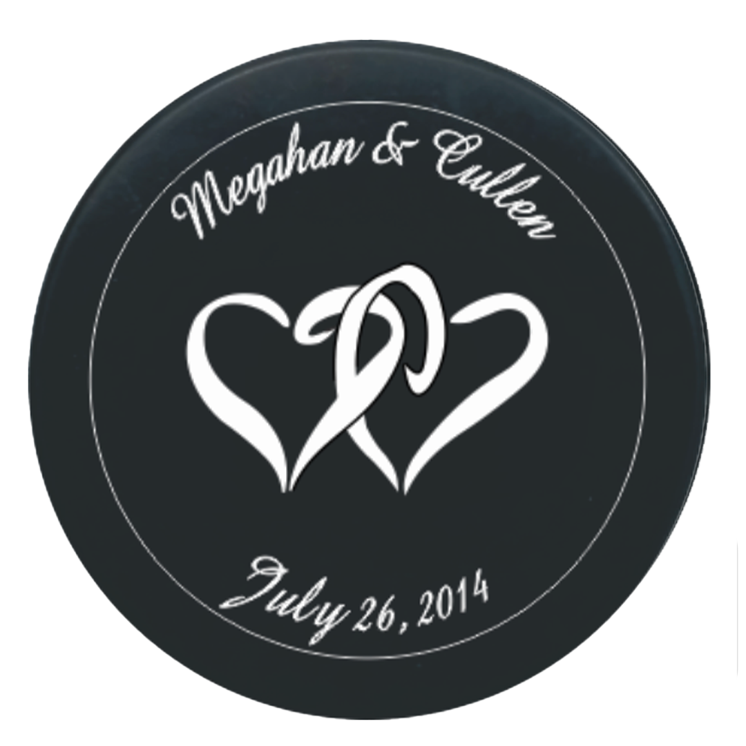 Megahan & Cullen, July 26, 2014, with interlocking hearts logo on custom event puck