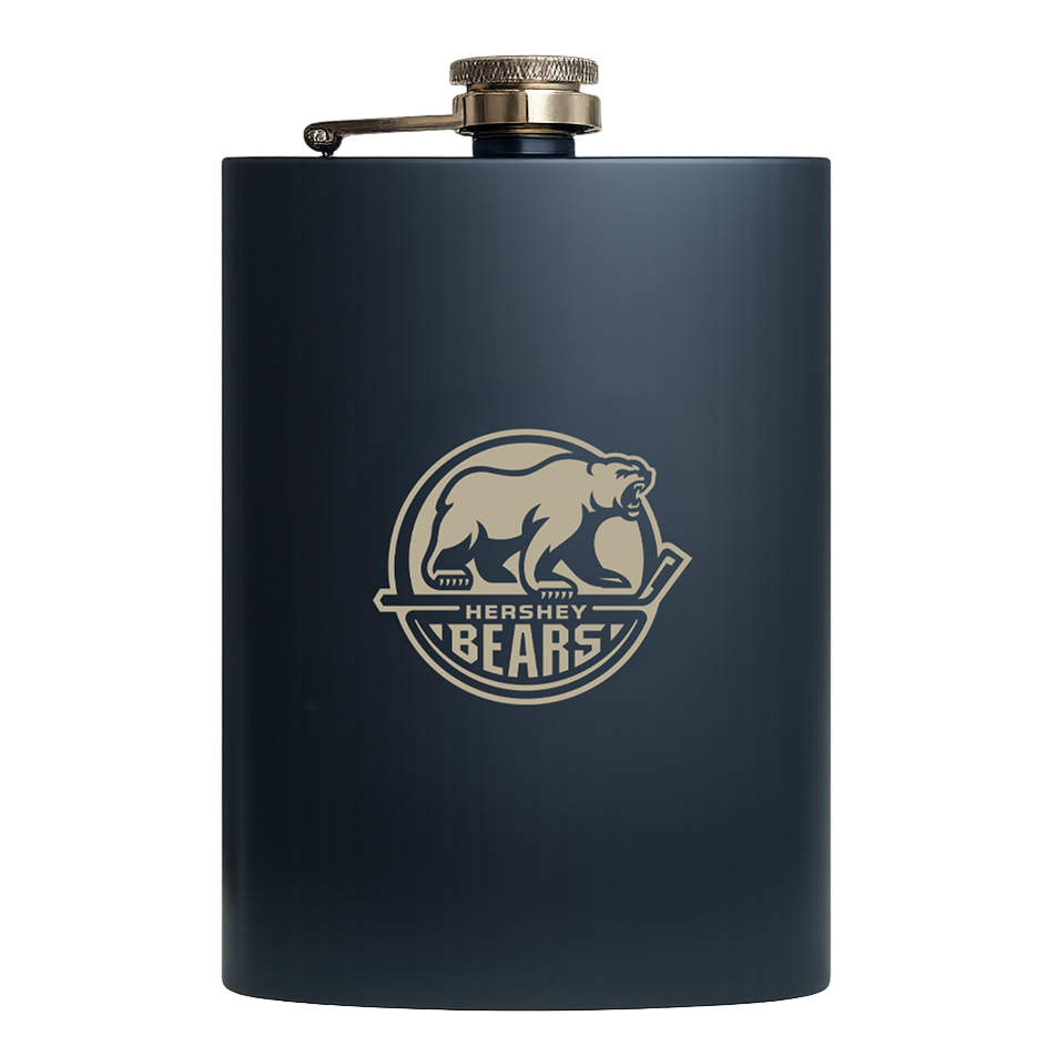 Hershey Bears logo on a navy flask