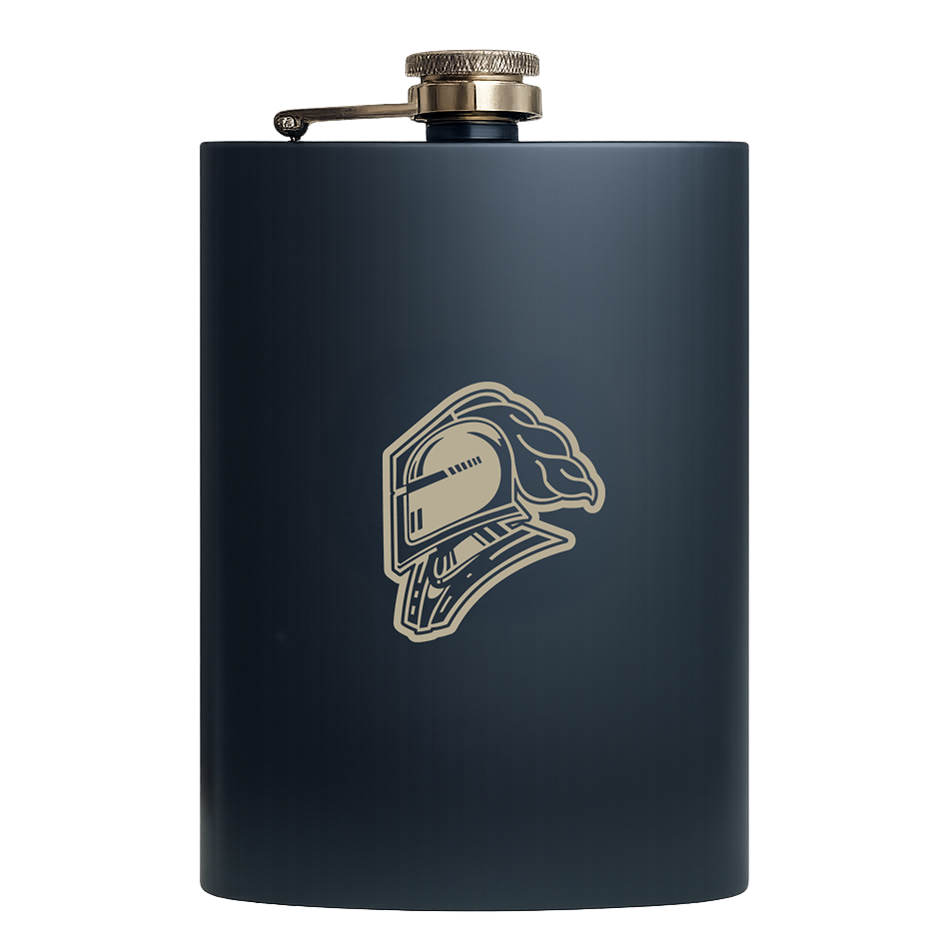 Dark blue flask with a Knights helmet logo