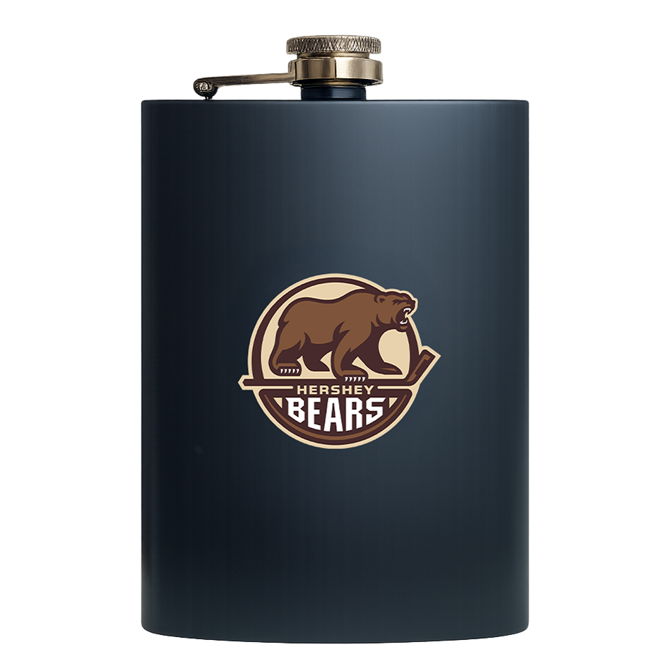 Hershey Bears logo on a dark blue flask