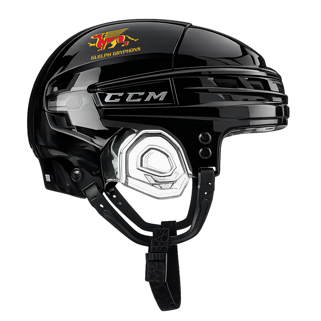 Guelph Gryphons logo sticker on a black helmet
