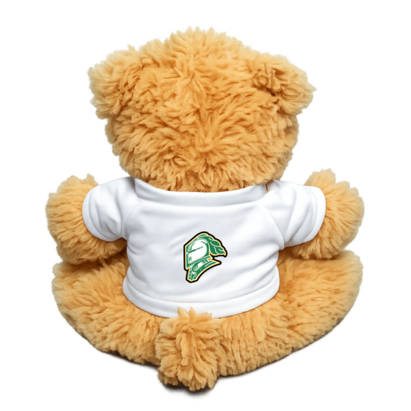 Back view of a teddy bear wearing a white shirt with a Knights logo