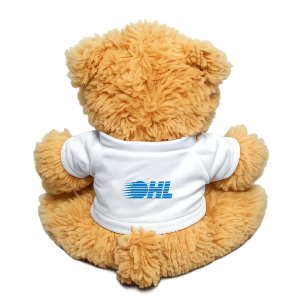 DHL teddy bear wearing a white T-shirt with the OHL logo on the back