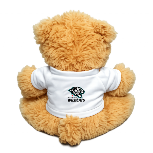 Plush teddy bear wearing a white Woodstock Wildcats shirt with the team logo on the back