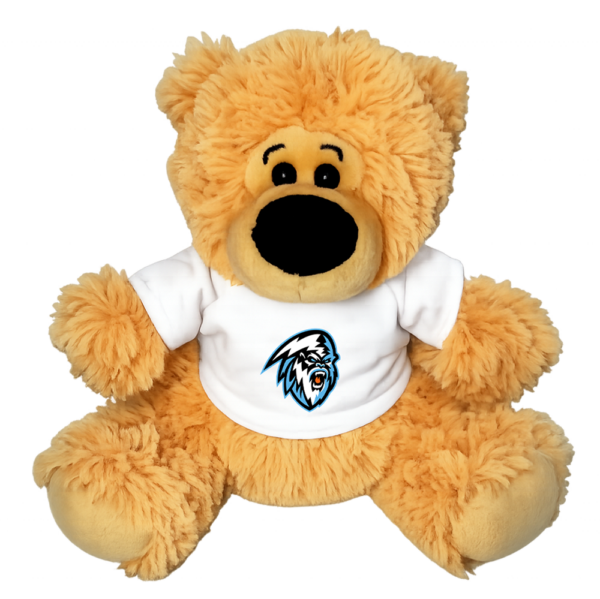 Plush teddy bear wearing a white T-shirt with a Yeti logo