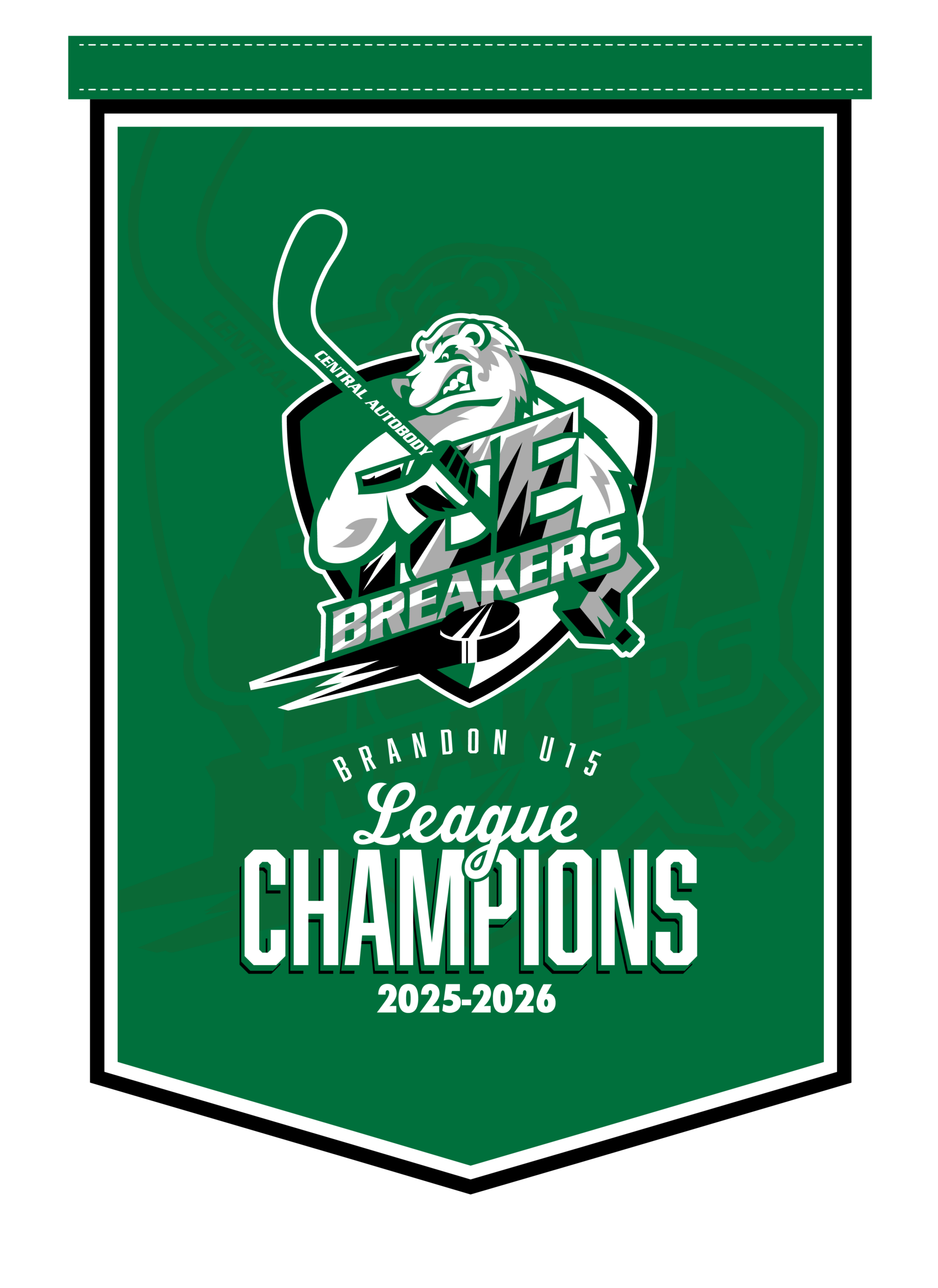 Brandon U15 League Champions 2025-2026 pennant with the Central Autobody Ice Breakers logo