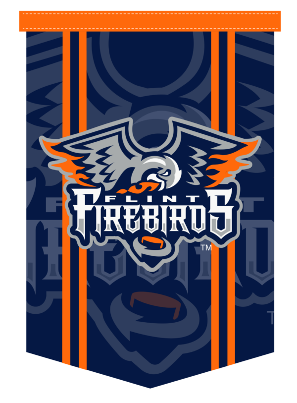 Flint Firebirds hockey team logo with an eagle head and orange and navy pennant design