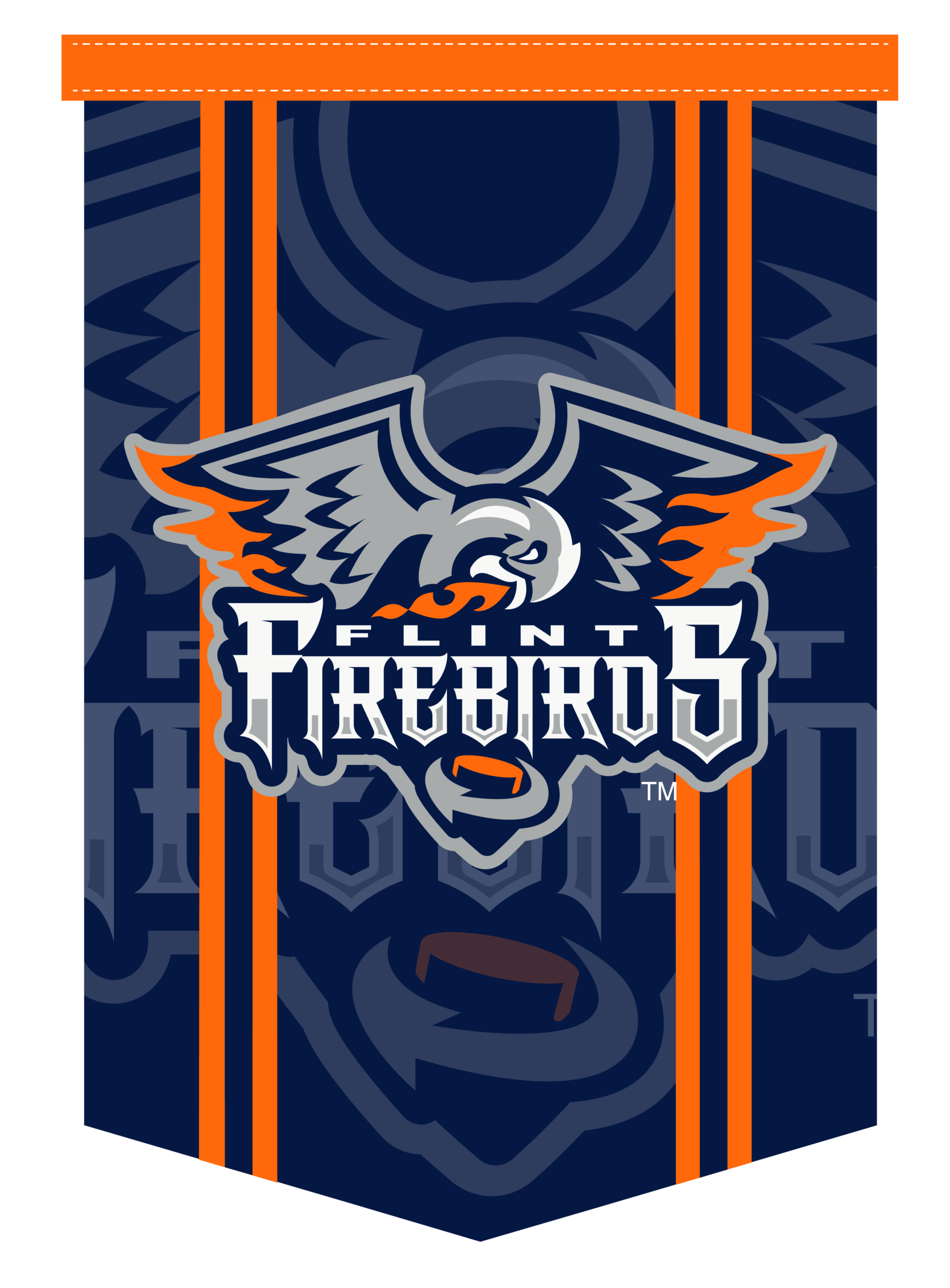 Flint Firebirds hockey team logo with an eagle head and orange and navy pennant design