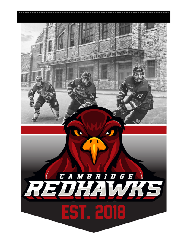 Cambridge Redhawks logo with three hockey players in front of a building and “EST. 2018” pennant