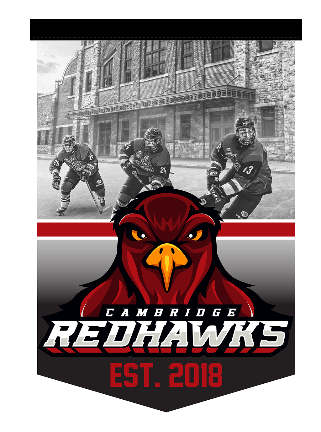 Cambridge Redhawks logo with three hockey players in front of a building and “EST. 2018” pennant