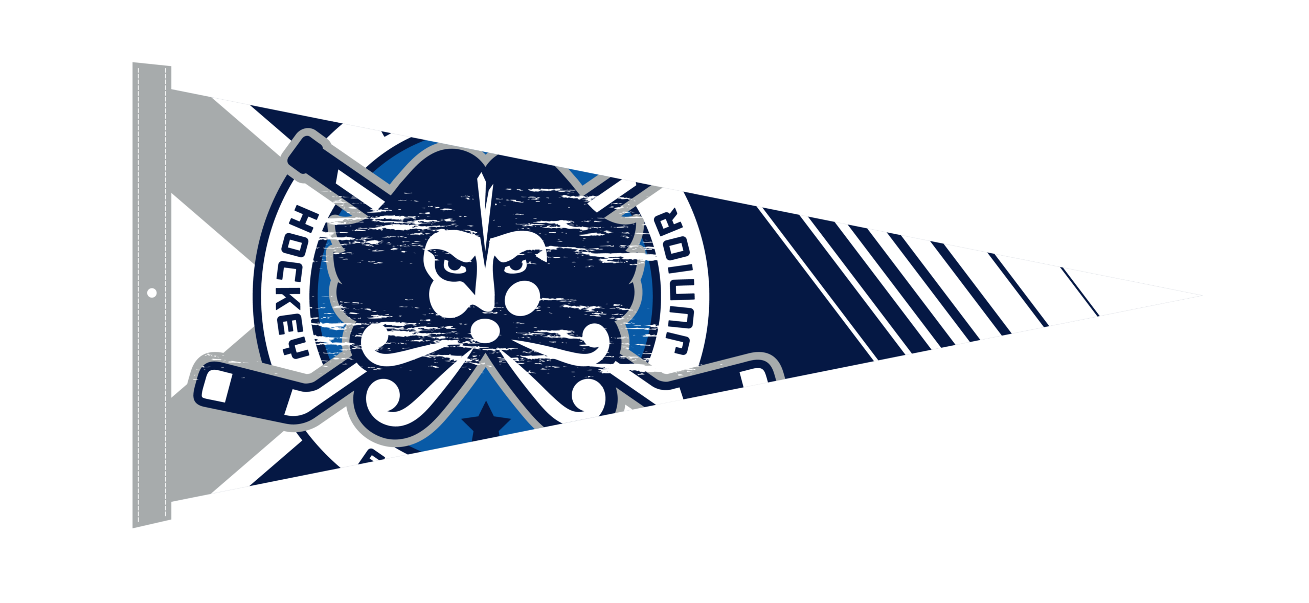 Hockey pennant with a stylized logo and the word Junior on it