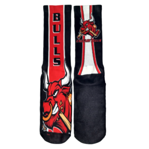 Calgary Bulls socks with red bull logo and team name