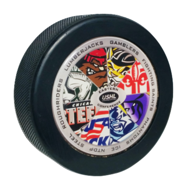 USHL Eastern Conference domed hockey puck with team logos around the centre