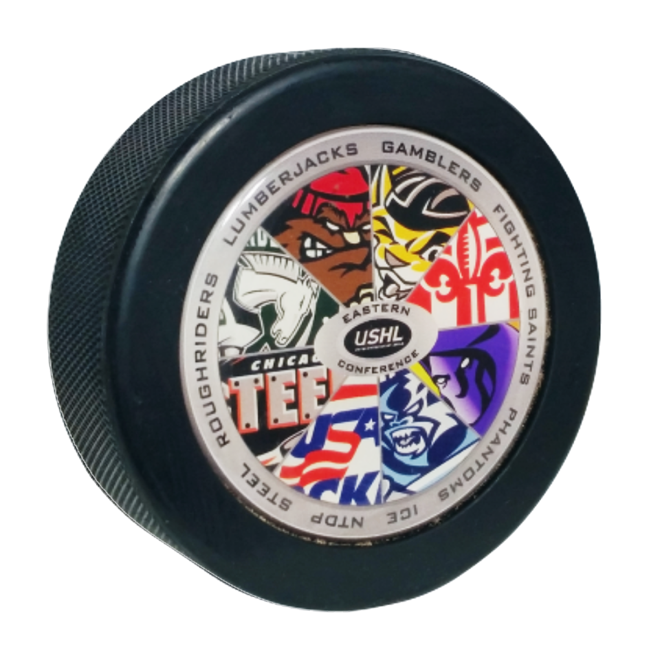 USHL Eastern Conference domed hockey puck with team logos around the centre