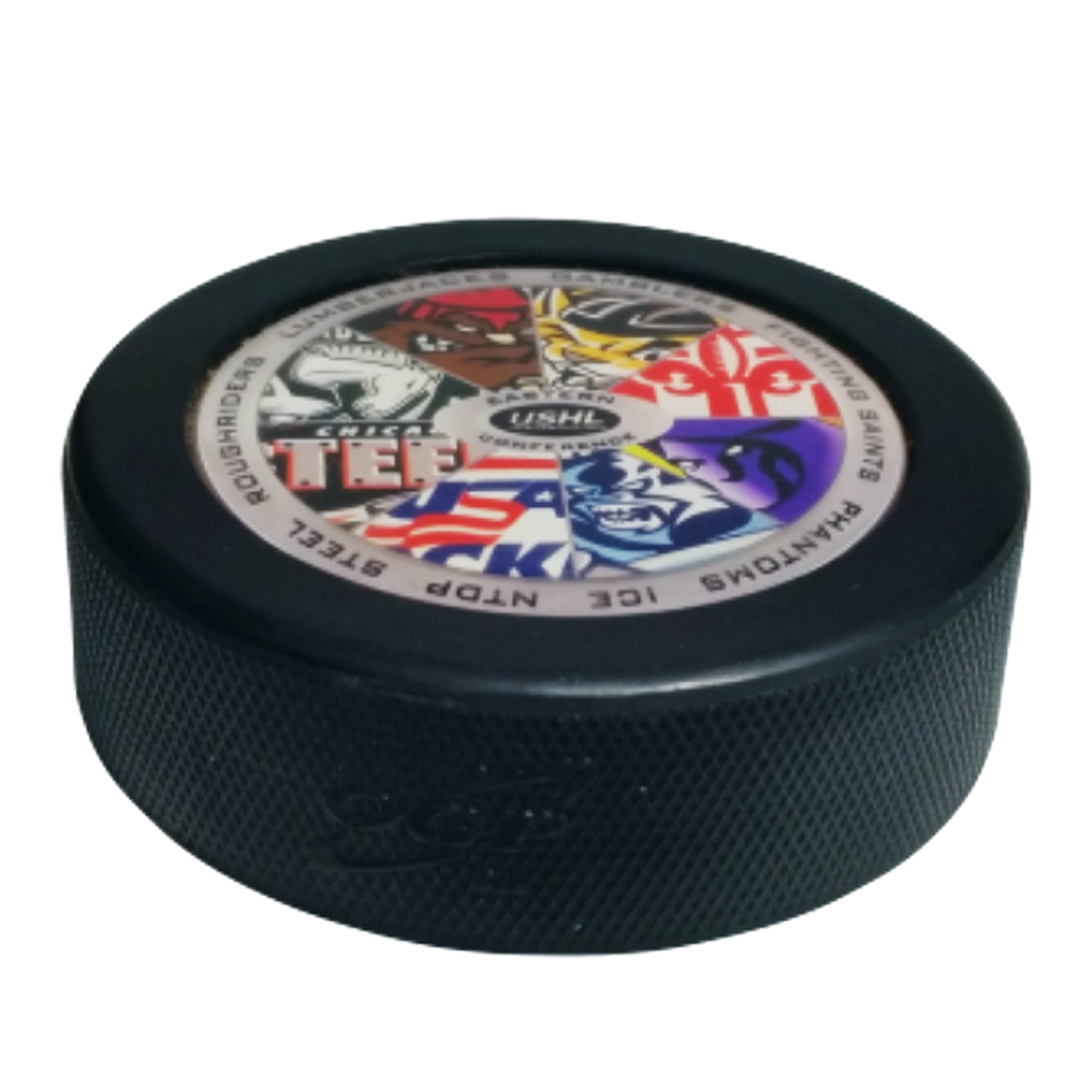 Domed hockey puck with a USHL logo and team crests on top