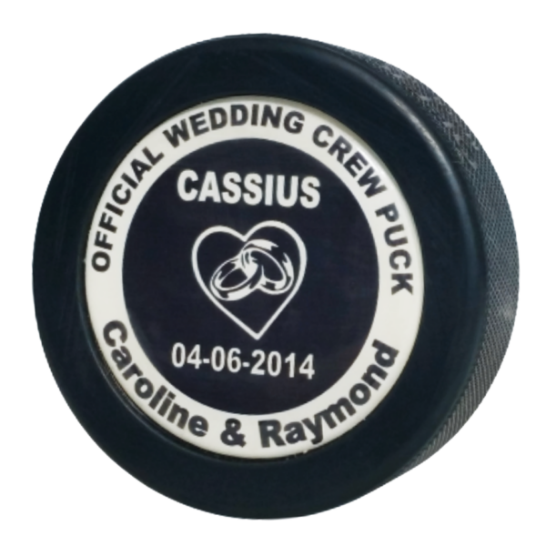 Official wedding crew domed puck for Cassius, Caroline and Raymond, dated 04-06-2014
