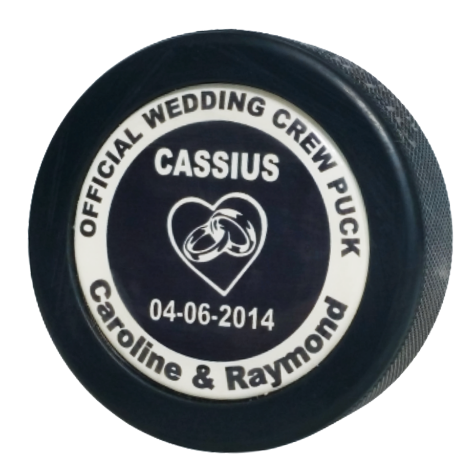 Official wedding crew domed puck for Cassius, Caroline and Raymond, dated 04-06-2014