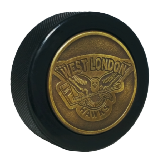 West London Hawks logo on a antique gold medallion hockey puck