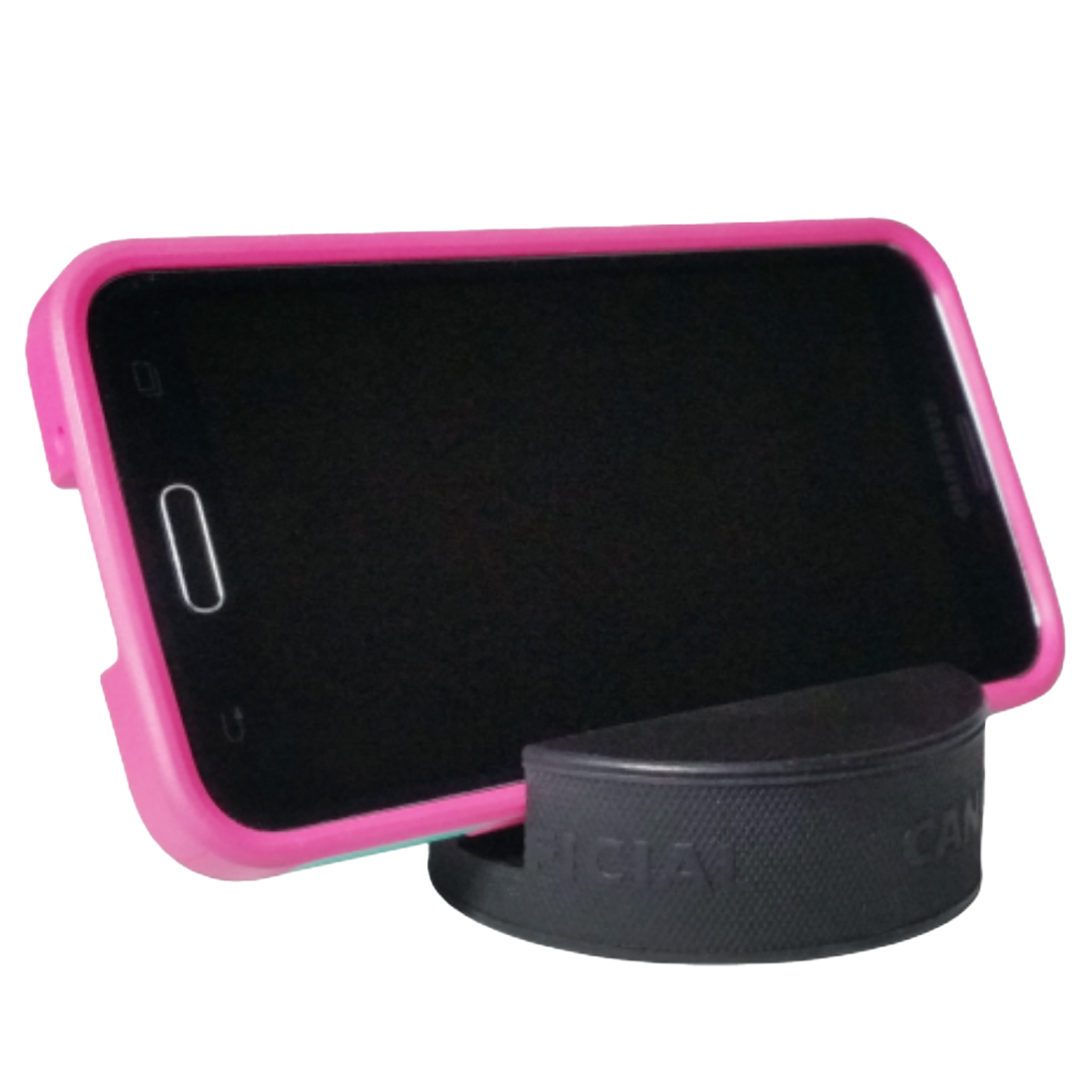 Smartphone in a pink protective case in a black puck holder