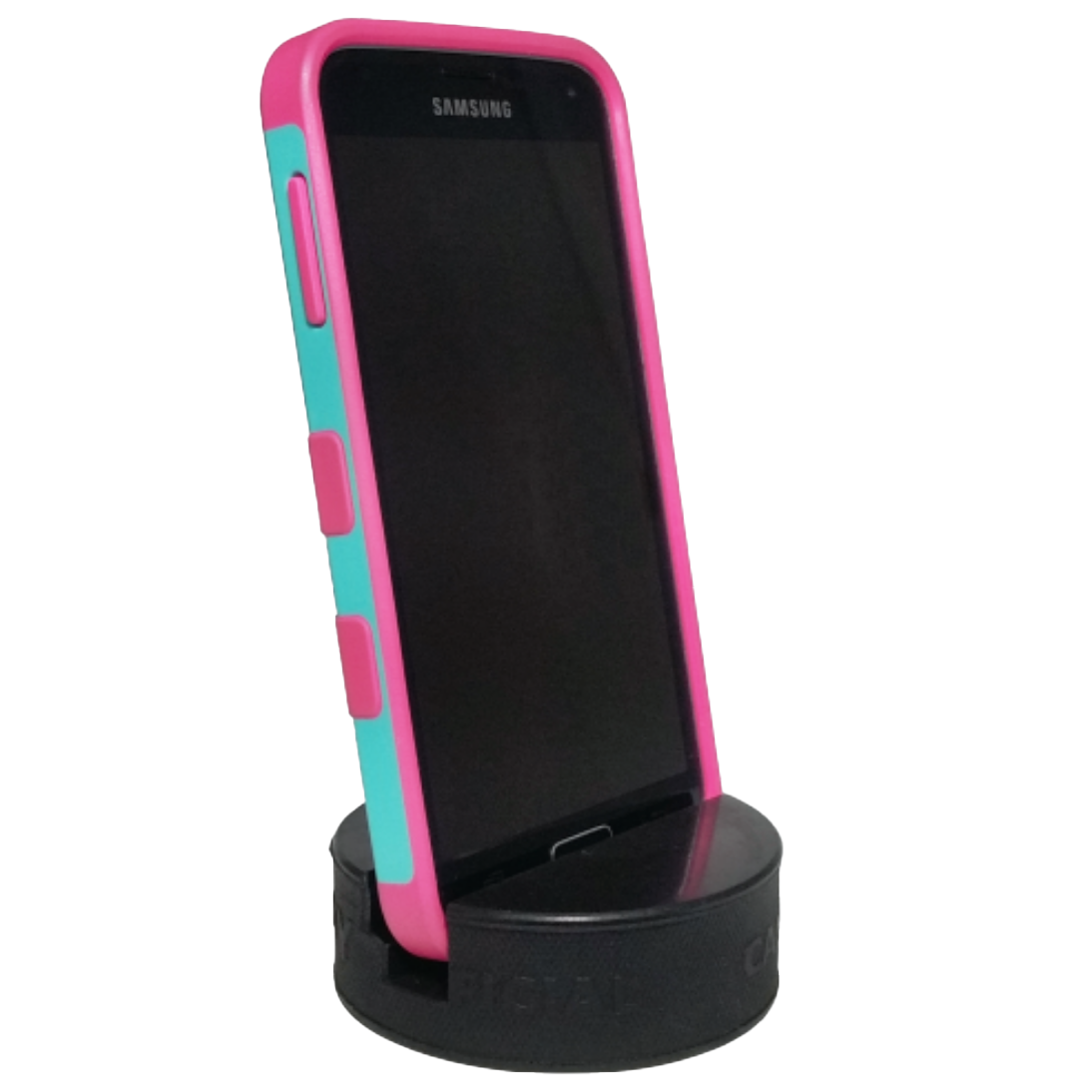 Samsung smartphone in a pink and teal protective case in a puck phone holder