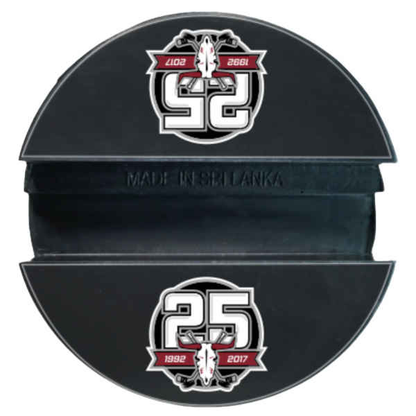 Black puck phone holder with Red Deer Rebels graphic customization