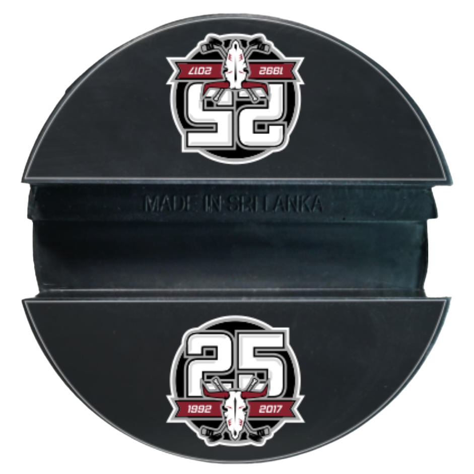 Black puck phone holder with Red Deer Rebels graphic customization