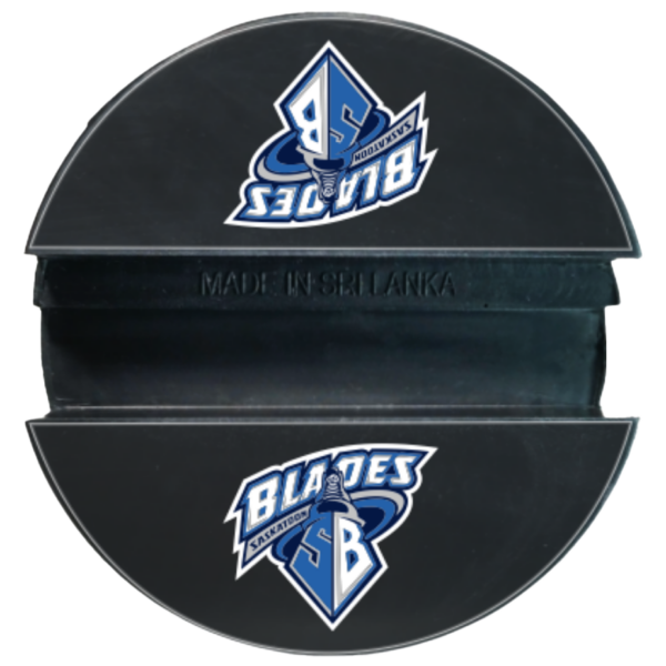 Black puck phone holder with Saskatoon Blades graphic customization