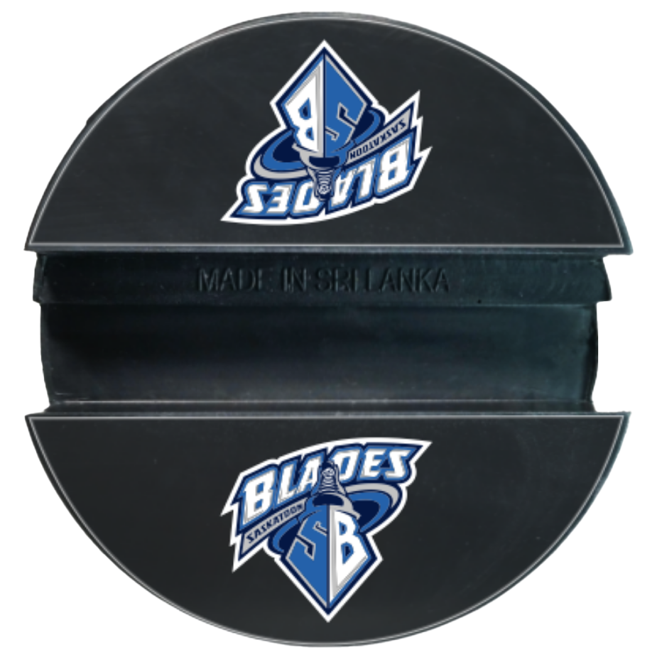 Black puck phone holder with Saskatoon Blades graphic customization
