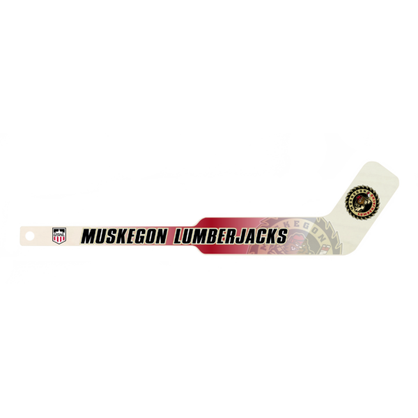 Muskegon Lumberjacks hockey stick graphic with team logos and name