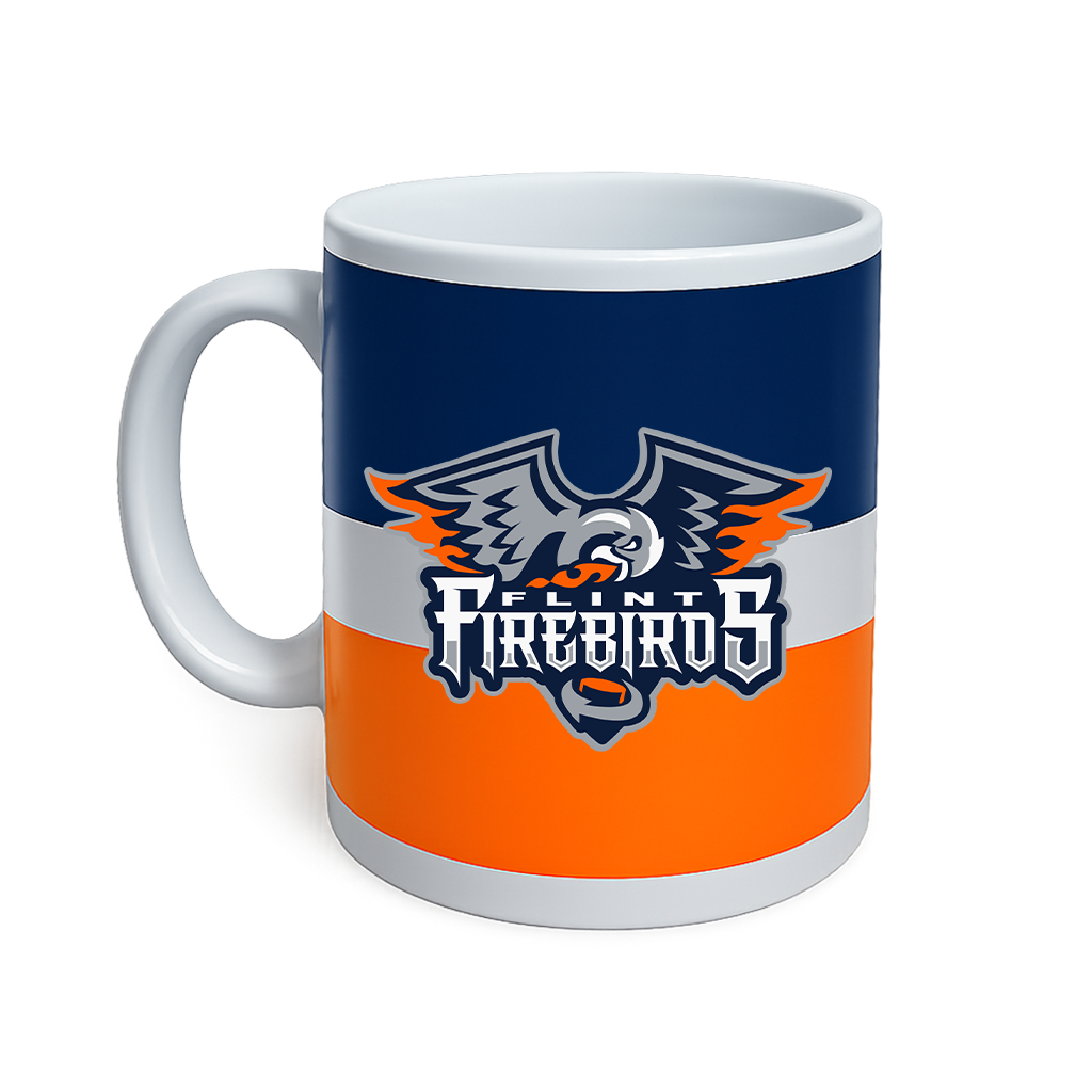 Flint Firebirds logo on a navy, white and orange mug
