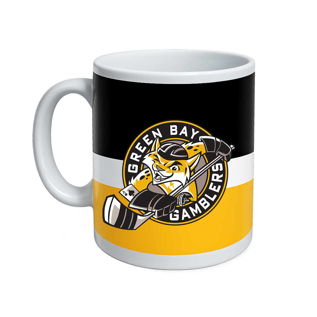 Green Bay Gamblers logo on a black, white and yellow mug