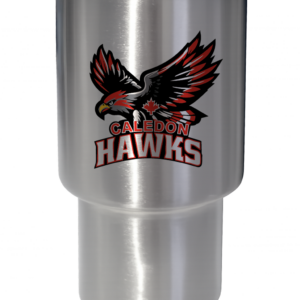 Stainless steel travel mug with Caledon Hawks logo