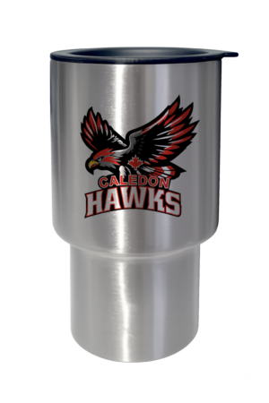 Stainless steel travel mug with Caledon Hawks logo