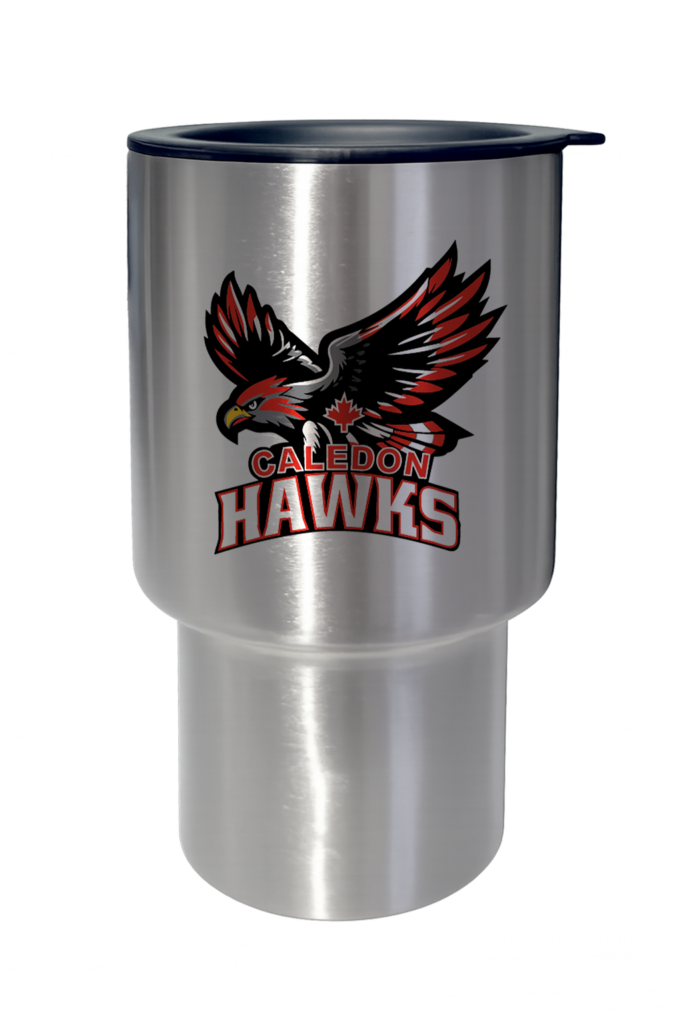 Stainless steel travel mug with Caledon Hawks logo