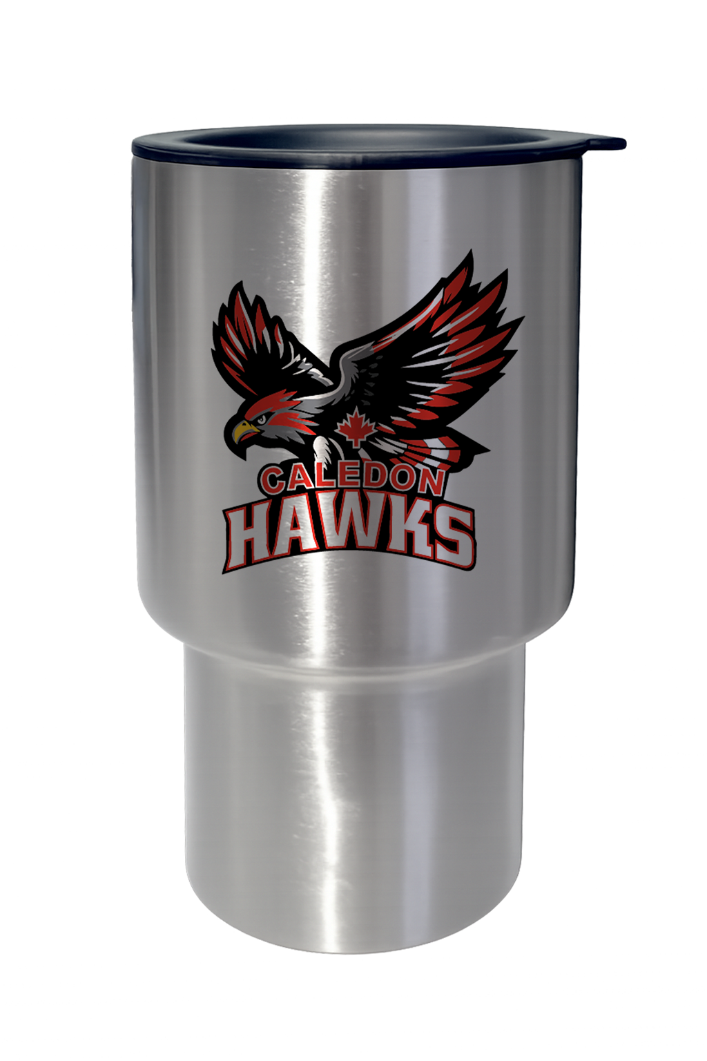Stainless steel travel mug with Caledon Hawks logo