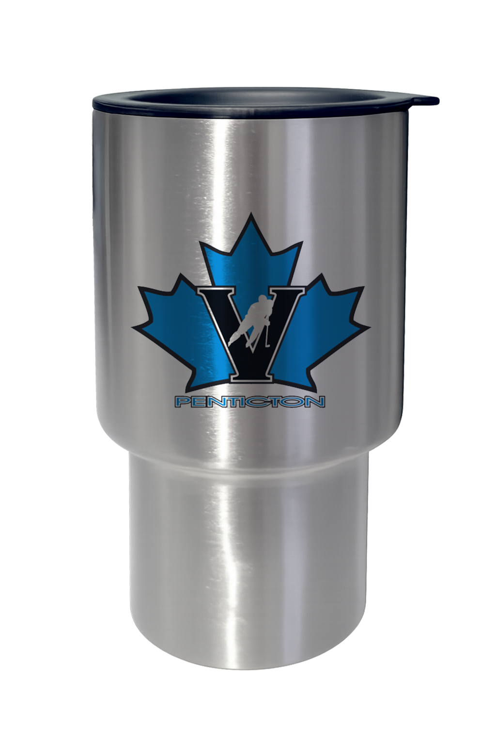 Travel mug with Penticton Vs logo and blue maple leaf