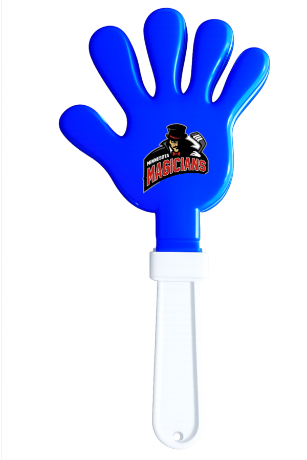 Blue hand clapper with Minnesota Magicians logo on the palm and a white handle