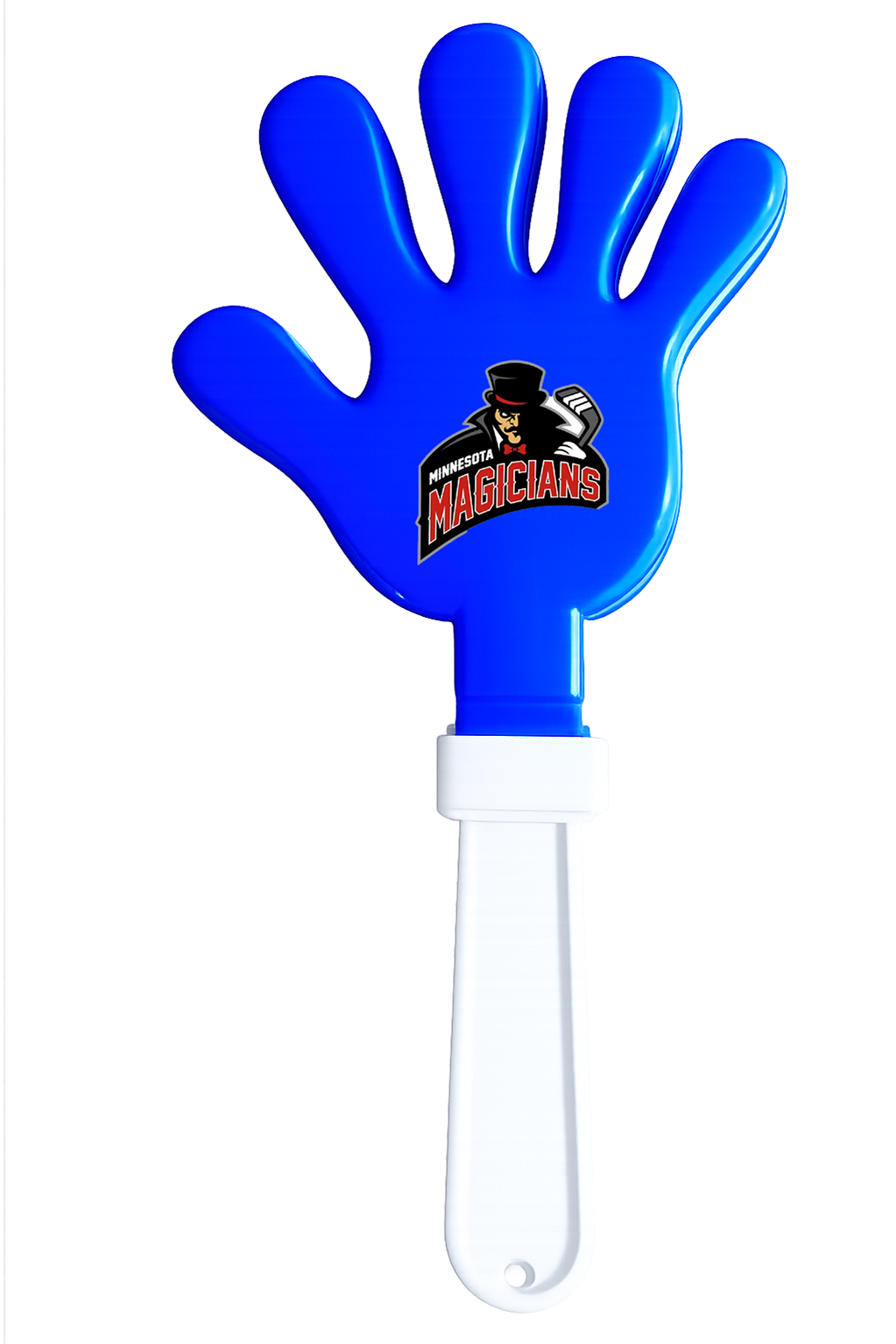 Blue hand clapper with Minnesota Magicians logo on the palm and a white handle