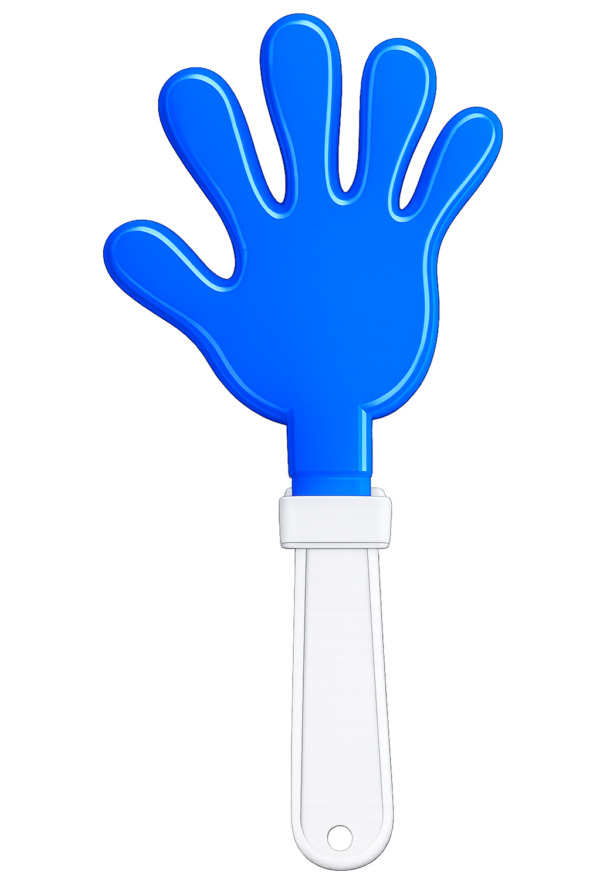 Blue hand clapper with a white handle