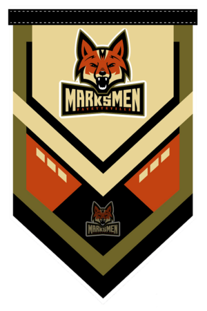 Marksmen Fayetteville logo with a fox head on a pennant banner
