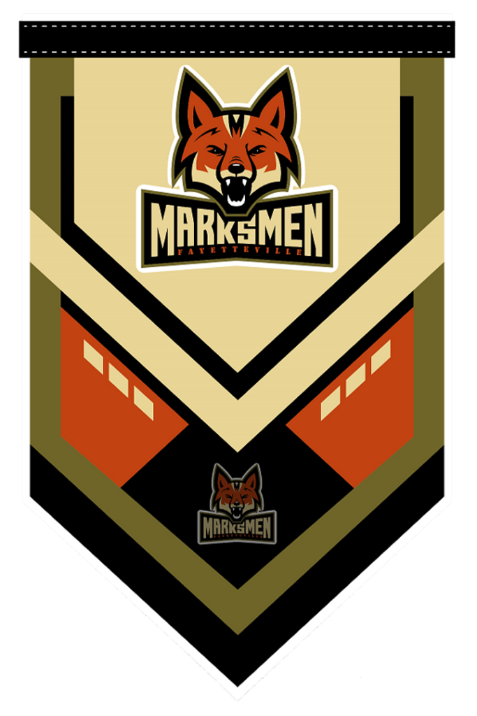 Marksmen Fayetteville logo with a fox head on a pennant banner