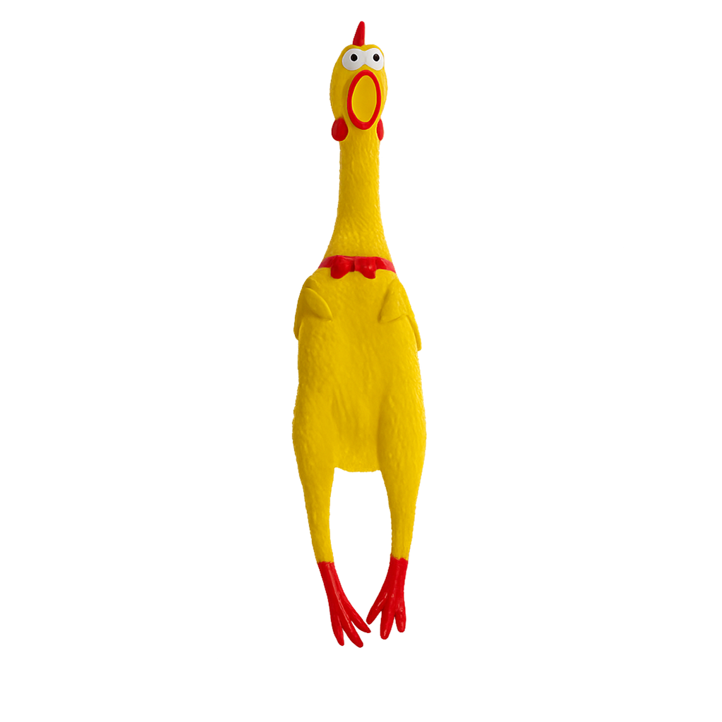 Yellow screaming rubber chicken