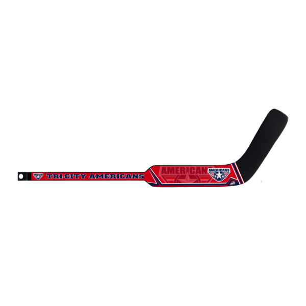 Tri-City Americans hockey stick with team logo and red, white, and blue graphics
