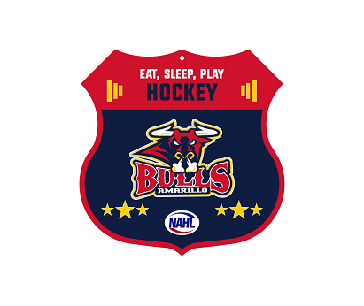Amarillo Bulls hockey logo with the slogan “Eat, Sleep, Play Hockey” shield sign